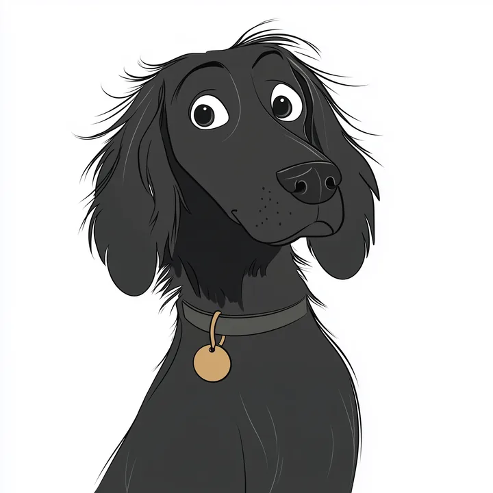 Bonty, a black dog with long floppy ears, wispy fur and a round tag on his collar, looking up with big curious eyes